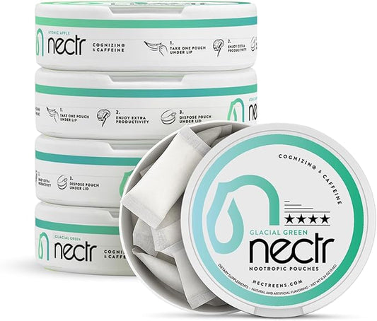 Nectr Energy Nootropic Pouches – Glacial Green Wintergreen Caffeine Pouches with Cognizin® Citicoline. Sugar-Free Brain Treats. Smooth, Sustained Focus & Energy Supplement - 5 Pucks of 16pcs