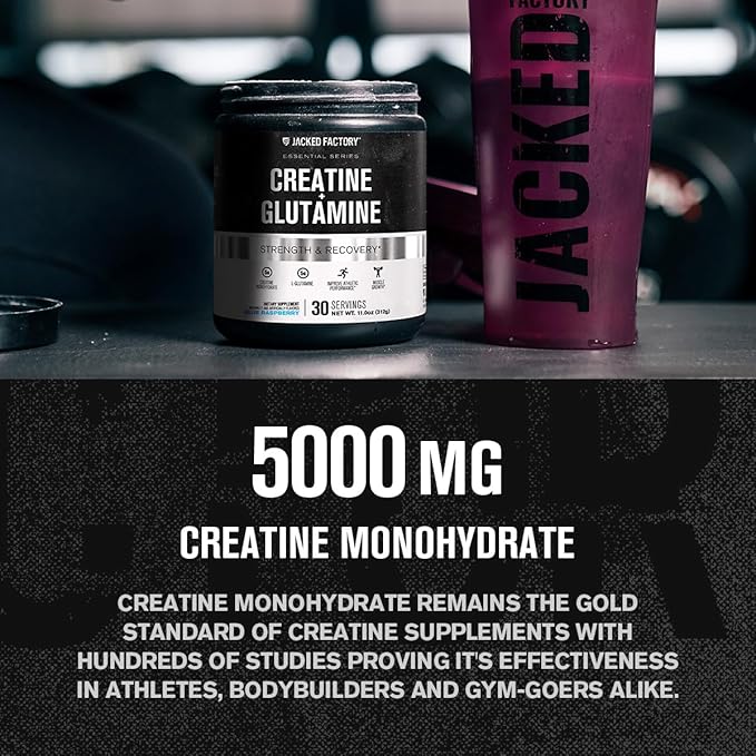Jacked Factory Creatine + Glutamine - Creatine Supplement with L-Glutamine for Muscle Recovery, Muscle Growth, Increased Strength, Enhanced Energy Output, and Gut Health - 30 Servings, Blue Raspberry
