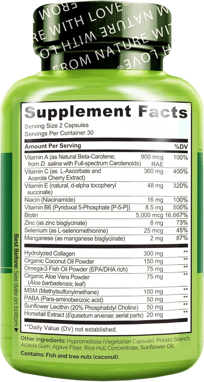 NATURELO Hair, Skin and Nails Multivitamin - 5000 mcg Biotin, Collagen, Natural Vitamin E - Supplement for Healthy Skin, Hair Growth for Women and Men – 60 Capsules