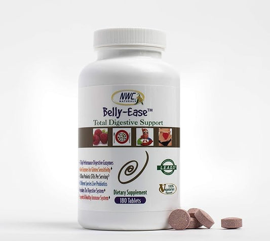 NWC Naturals Belly-Ease Healthy Digestive Enzymes Plus Prebiotics & Probiotics, Essential Enzymes, Vegetarian, Better Digestion, Full Spectrum Digestive Solution - 180 Count Chewable Tablets
