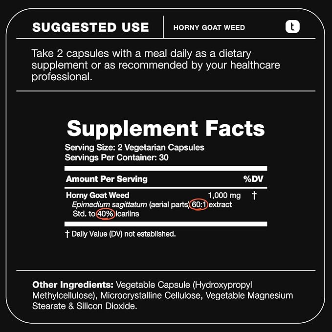 Super Strength Horny Goat Weed for Men & Women 60,000mg - Epimedium sagittatum - 40% Icariins - 60: 1 Concentrated Extract from 1000mg Formula - 3P tested - Premium hornygoatweed for Men - 60 Caps