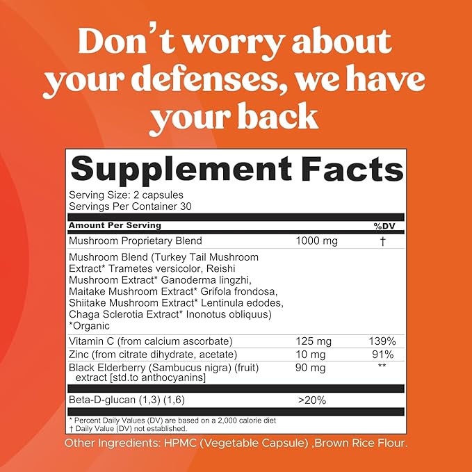 Super Shield - Mushroom Supplement - Chaga, Maitake, Reishi, Shiitake, and Turkey Tail Mushrooms, Vitamin C, Zinc, Black Elderberry, Antioxidants - Immune Support (60 Capsules)