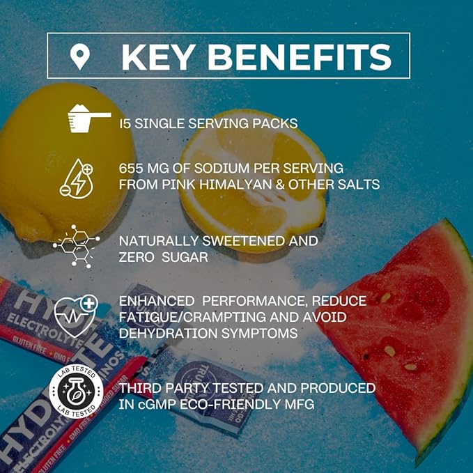 TruWild Natural Hydration Powder Single Serve Zero Sugar, Vegan Electrolytes + Amino Acids, Recovery Drink for Everyday Use, Post Workout Muscle Support Supplement + Magnesium (Watermelon Lemonade)