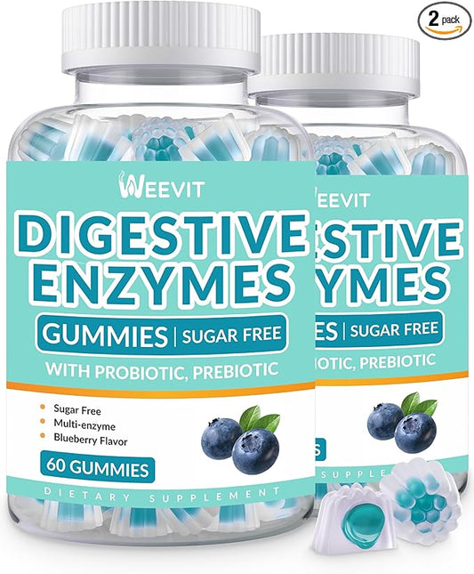 Digestive Enzymes Gummies - 2 Months Supply - Chewable Digestive Enzymes Gummy with Probiotics & Prebiotics Blend for Women Men, Sugar Free | Vegan | Blueberry Flavored (Pack of 2)