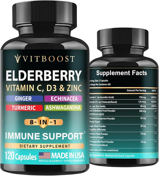 Elderberry Immune Support Supplement 8-in-1 Formula with Echinacea, Vitamin C & Zinc, Vitamin D 5000 IU, Turmeric, Ginger, Ashwagandha – 120 Capsules
