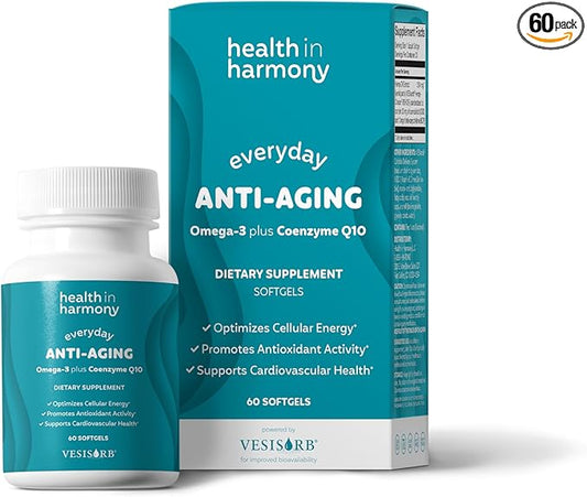 Everyday Anti-Aging Supplement - Omega 3 Fatty Acid Supplements + High Absorption Coq10 - Energy Supplements for Heart Health & Overall Vitality - Non GMO Softgels Powered by Vesisorb® (60 Ct)