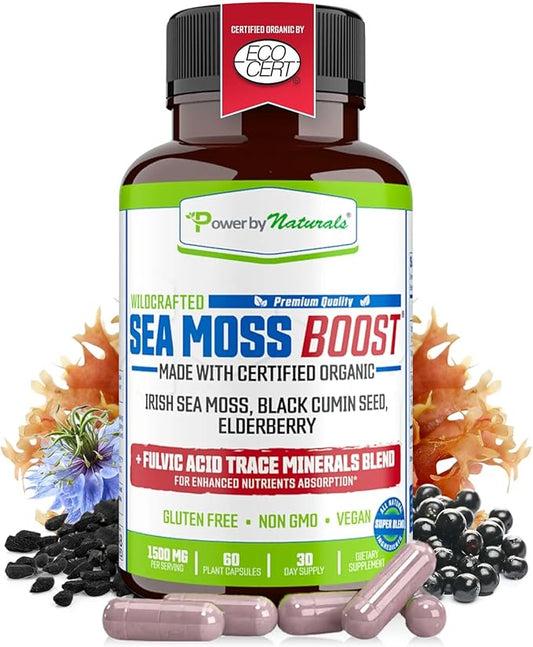 Power By Naturals Sea Moss Advanced with Black Seed Oil & Elderberry Capsules - Certified Organic Irish Sea Moss Capsules for Energy, Gut & Immune Support - Sea Moss Pills with (60+ Minerals) 60 Pills