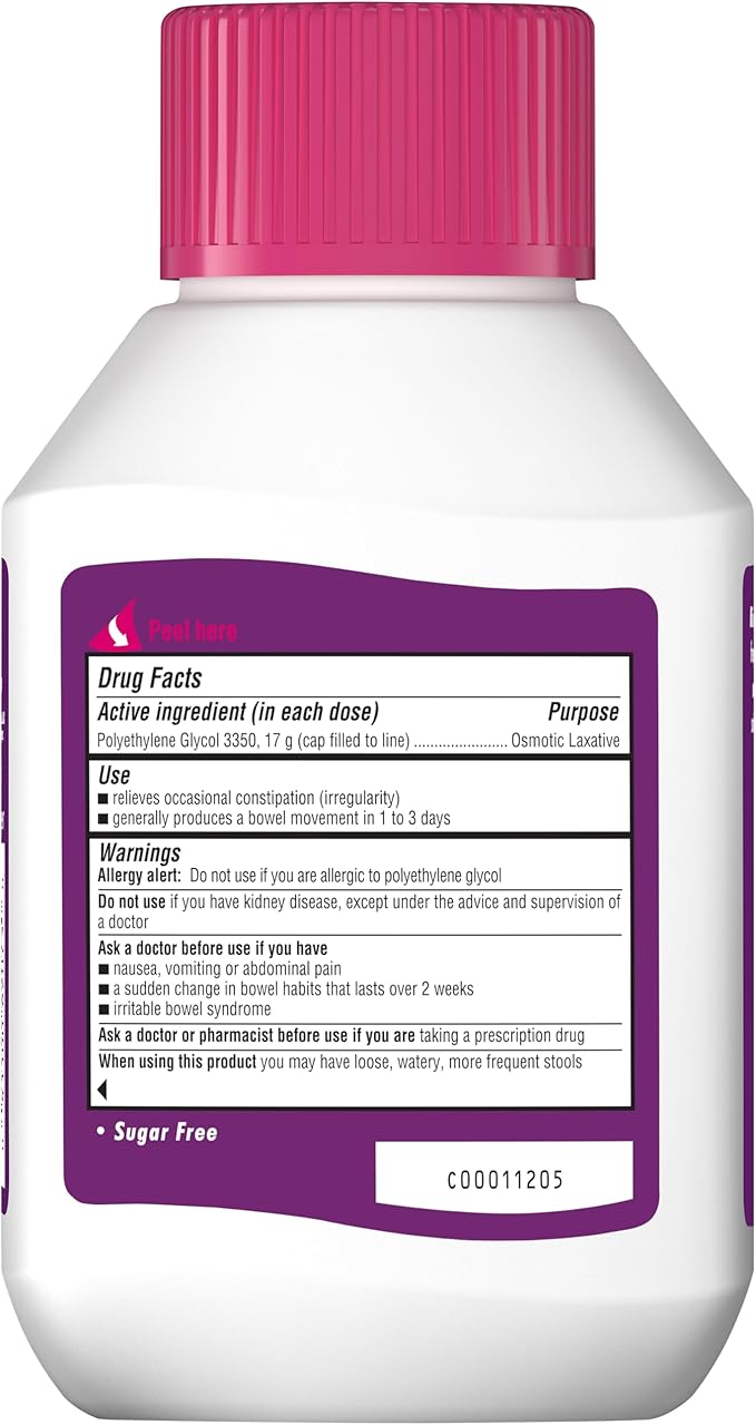 MiraLAX Laxative Powder, Gentle Constipation Relief for Adults, Stool Softener with PEG 3350, Nonstimulant Laxative, No Harsh Side Effects, Includes Stirrer, 14 Dose