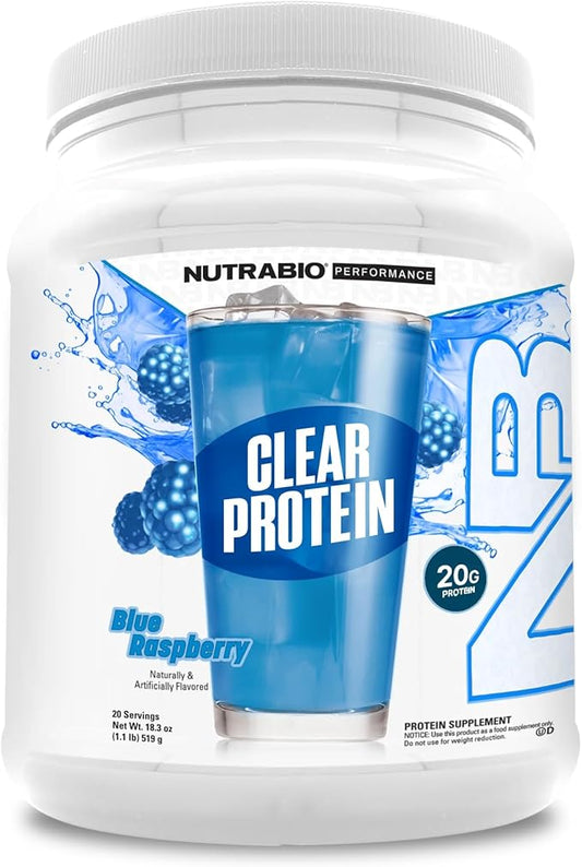 NutraBio Clear Protein Powder, Blue Raspberry - 20 Servings, 20g Clear Whey Protein Isolate, 0 Sugar, 0g Lactose, Refreshing Fruit Flavors, GLP1 Support - Bone Health - Muscle Post Workout Recovery