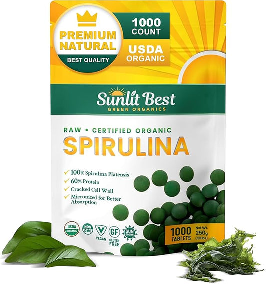 Sunlit Best - USDA Organic Spirulina Tablet - Natural Super Greens Supplements for Immune Support, Gut Health & Boost Energy Tablets with Chlorophyll, Vegan & High Protein Non GMO, 1000 Superfood Tabs