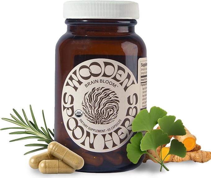 Wooden Spoon Herbs - Brain Bloom | Organic Brain Supplement for Memory and Focus with Rosemary, Bacopa, Lions Mane, Gotu Kola & Ginkgo Leaf & Turmeric | Gluten-Free, Non-GMO, Vegan (60 CT, Capsules)