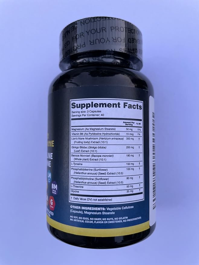Organic Lions Mane Supplement Capsules - 240 Real Mushrooms Lion's Mane Capsules with Ginkgo Biloba Herb, Bacopa Monnieri, L Theanine, L Tyrosine - Mushroom Complex for Daily Wellness