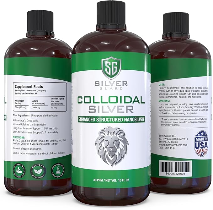 Enhanced Colloidal Silver Liquid Immune Support Supplement—30ppm Pure & Natural Structured Silver Water—Organic Colloidal Silver Solution—16 oz Bottle (1 Pack)