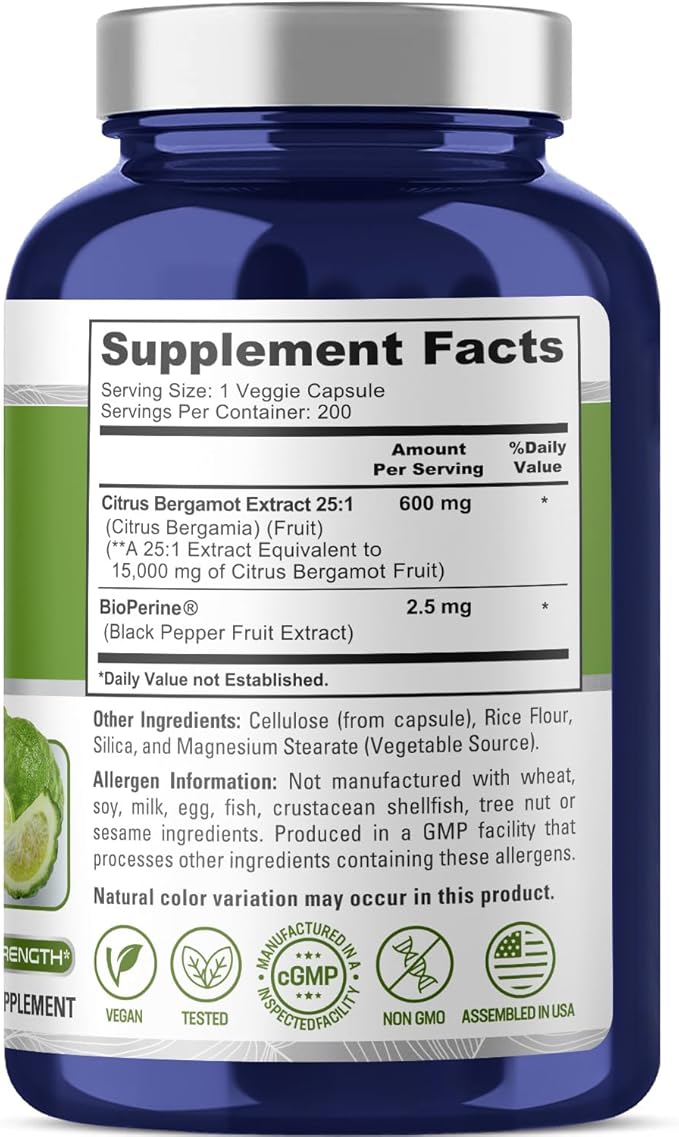 NusaPure Citrus Bergamot Capsules 15,000mg, 200 Capsules - 25:1 Bergamot Extract - 200 Servings, Bioperine, Vegan, Non-GMO