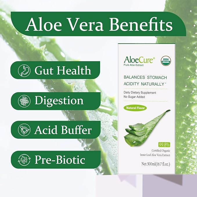 AloeCure USDA Organic Aloe Vera Juice Made Within 12 Hrs of Harvest - Pure Aloe Juice Natural Digestive Supplement to Support Digestion, Immune System and Balanced Stomach Acidity, 12 x 500ml Bottles