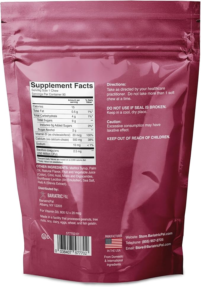 BariatricPal Sugar-Free Calcium Citrate Soft Chews 500mg with Probiotics (90 Count) - Tropical Punch