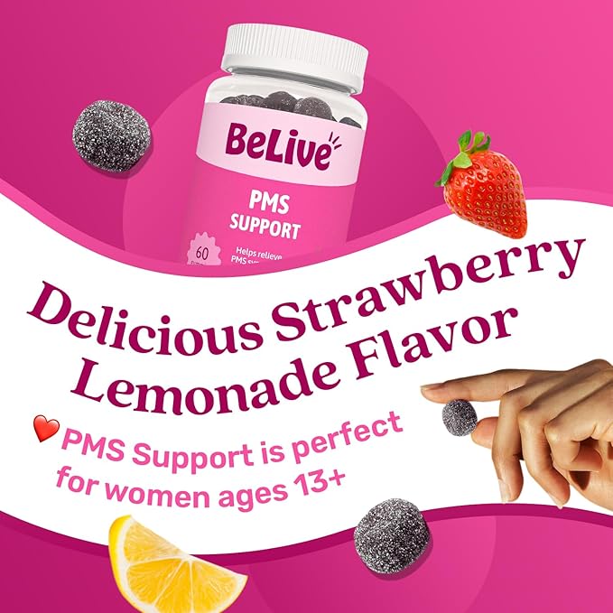 BeLive PMS Support Gummies Supplement – Helps Relieve PMS Symptoms – Hormonal Balance Mood Swings & Cramps Relief, Bloating Support – with Chaste Tree Extract - Strawberry Limonade Flavor – 60 Count