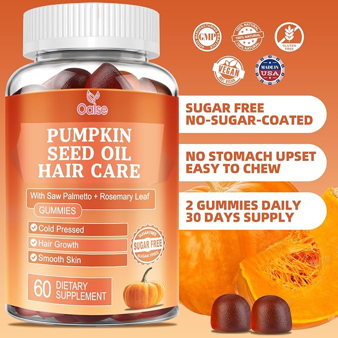 Pumpkin Seed Oil Gummies, 3500mg Per Serving, Cold Pressed, with Saw Palmetto, Rosemary Leaf, Zinc, Hydrolyzed Collagen Peptides, Pumpkin Seed Oil for Hair Growth, Vegan, 60 Counts