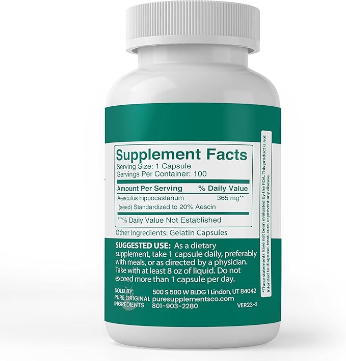 PURE ORIGINAL INGREDIENTS Horse Chestnut (100 Capsules) Always Pure, No Additives Or Fillers, Lab Verified