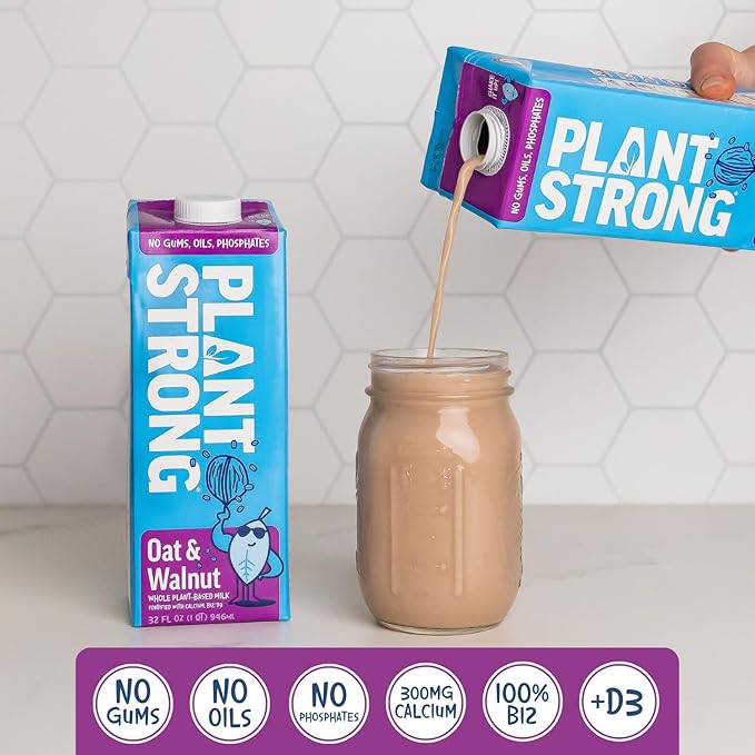 PLANTSTRONG Oat & Walnut Milk 32oz (6 Pack) - NON-GMO - Plant Based, Vegan - Gluten Free Dairy Free - Shelf Stable - Lactose Free Milk - No Gums or Oils