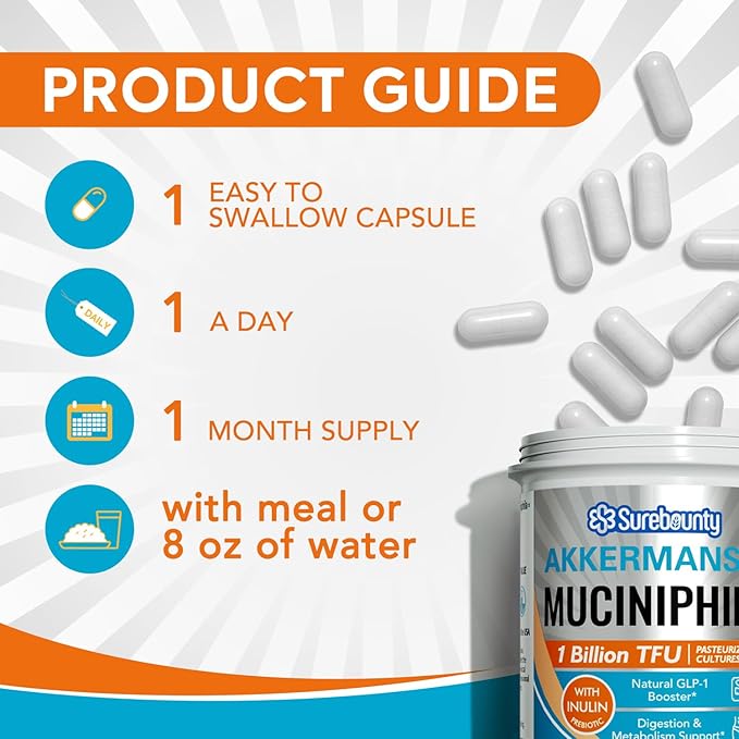 Akkermansia Probiotic GLP-1, 1 Billion TFU, Akkermansia Muciniphila with Prebiotic Inulin Fiber, Gut Health for Men & Women, Vegan, Non-GMO, 30 Caps