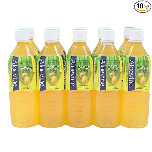 Aloevine Aloe Vera Drink Mango healthy juice pure with chunks of aloe l 16.9 oz. 10 pack l plant based Vegetable Korean drinks