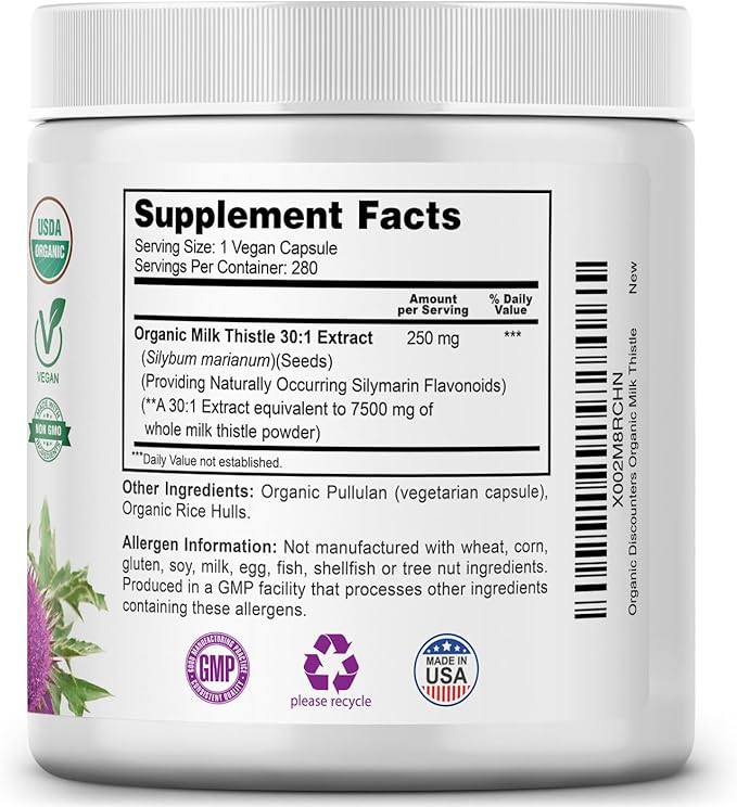 Organic Discounters Milk Thistle Capsules, 280 Count, 7500 mg Strength, Potent 30:1 Extract, USDA Certified Organic, Rich in Silymarin Flavonoids, Vegan, Non-GMO and All-Natural