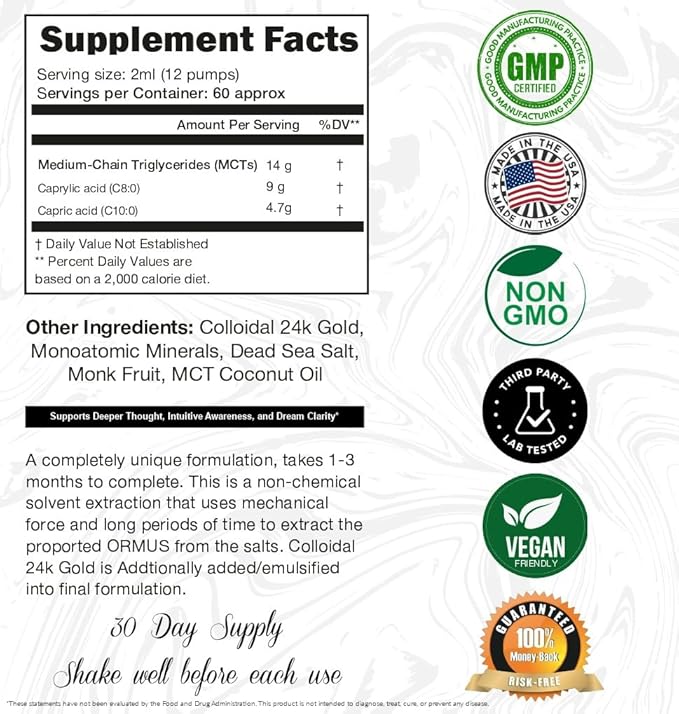 Ormus Gold Oil Monoatomic | Supports Deeper Thought, Intuitive Awareness & Dream Clarity | Rich with Minerals, Platinum, Iridium | Non-Chemical Extraction | 4oz