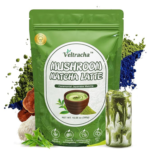 Veltracha Mushroom Matcha Latte, Ceremonial Grade Matcha with Blue Spirulina & Ashwagandha, Adaptogenic Mushrooms Matcha Powder for Focus, Energy, Gut Health & Immunity, 10.58oz