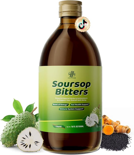 Soursop Bitters Liquid with Black Seed,Moringa & Turmeric for Digestive & Gut Cleanse, Antioxidant,Skin Health,Cell Regeneration,Immune & Mood Support,Pure 15 Herb Soursop Tea 16 fl oz