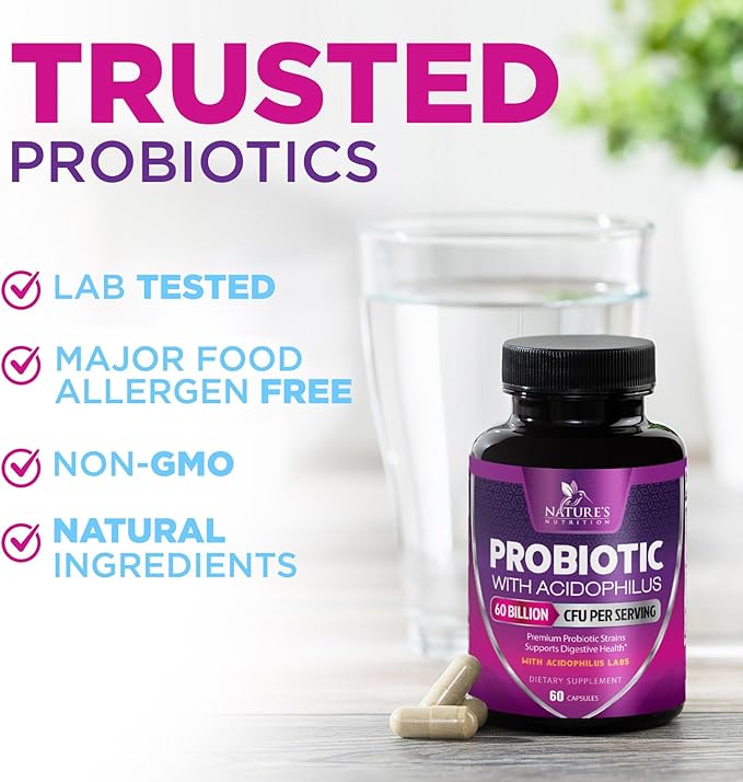 Probiotics 60 Billion CFU per Serving - 10 Strains + Prebiotics - Digestive Health, Gut & Immune Support - Supports Occasional Constipation, Gas & Bloating for Women & Men Shelf Stable - 60 Capsules