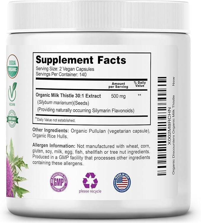 Organic Discounters Milk Thistle Capsules, 280 Count, 7500 mg Strength, Potent 30:1 Extract, USDA Certified Organic, Rich in Silymarin Flavonoids, Vegan, Non-GMO and All-Natural