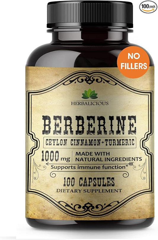 Berberine Capsules Ceylon Cinnamon & Turmeric - Berberine HCL Dietary Supplement for Men and Women – Non GMO Berberine 1000mg – Ideal for Immune Support, Heart, Cholesterol Level