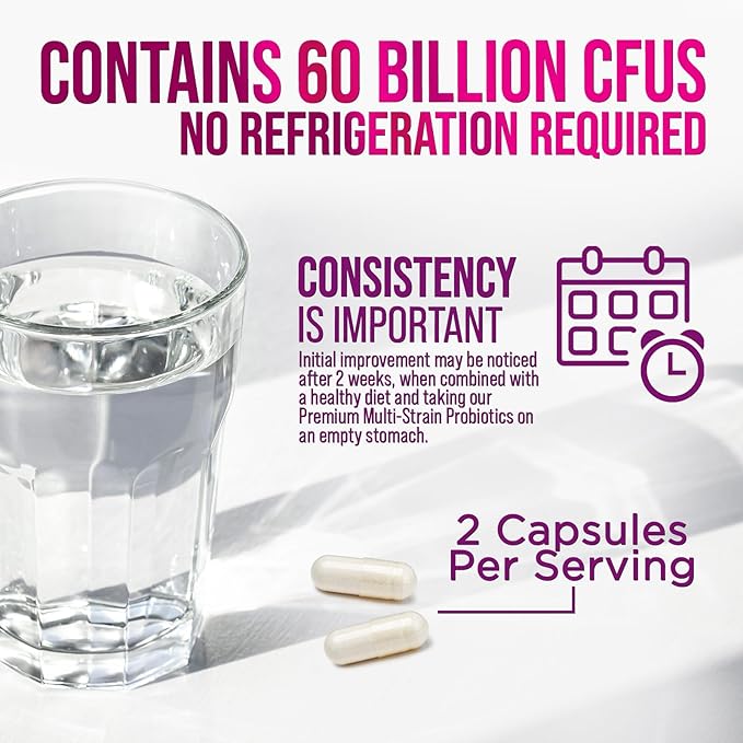 Probiotics 60 Billion CFU per Serving - 10 Strains + Prebiotics - Digestive Health, Gut & Immune Support - Supports Occasional Constipation, Gas & Bloating for Women & Men Shelf Stable - 60 Capsules