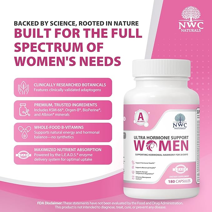 NWC Naturals Ultra-Hormone Support Formula A – Hormone Harmony for Women & Foundational Hormone Balance for Women, 180 Capsules – Cycle & Menopause Support with Organic B-Vitamins & Herbal Extracts