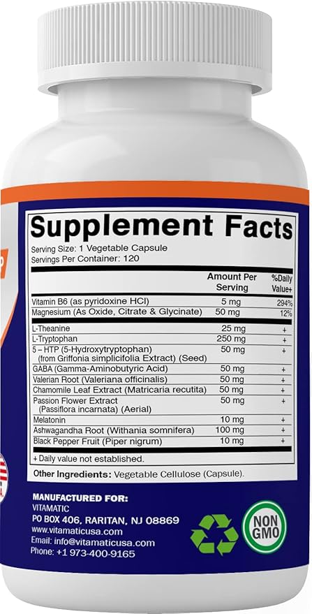Vitamatic Advanced Sleep Aid with Melatonin - 120 Vegetable Capsules Made with B6, Magnesium, L-Theanine, L-Tryptophan, 5-HTP, GABA, Valerian, Chamomile, Passion Flower, Ashwagandha & Black Pepper
