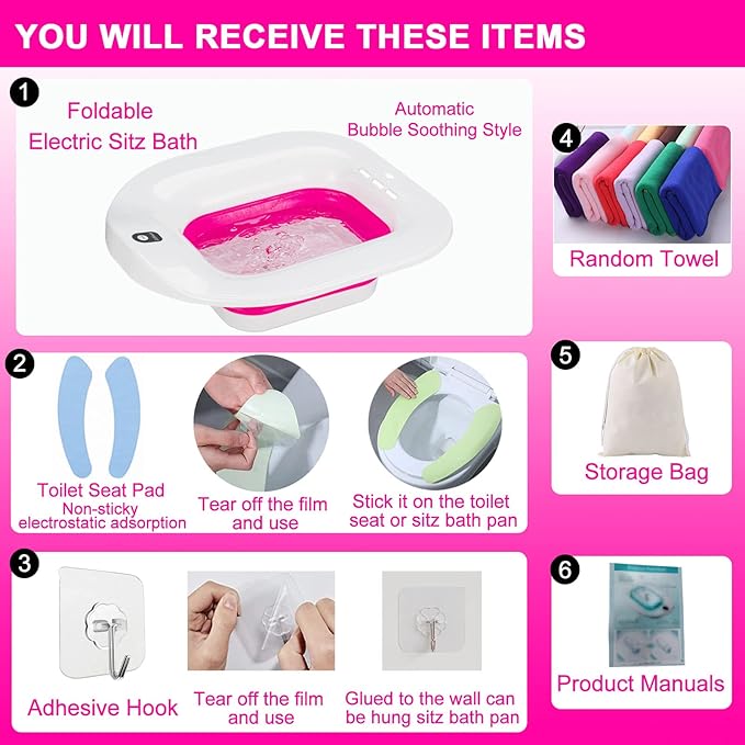 Electric Sitz Bath, Sitz Bath for Hemorrhoids, Sitz Bath for Postpartum Care, Toilet Seat Basin for Women, Yoni Hip Bath Pan, Sits Bath Soak Salts Bowl, Vaginal Wash Tub, Foldable, Pink