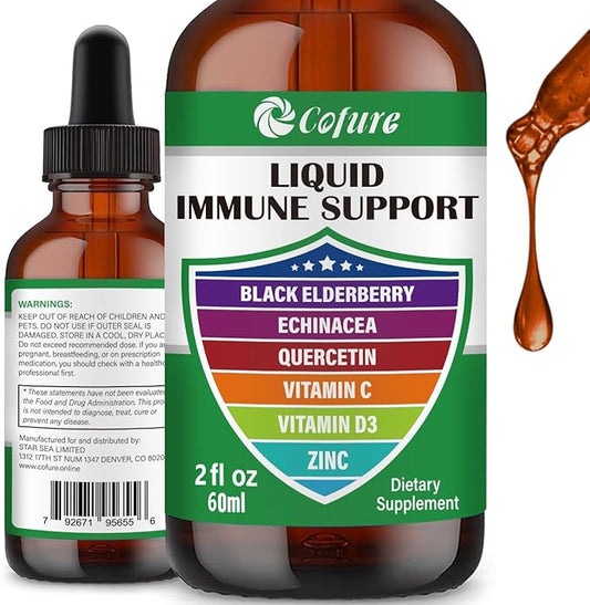 Zinc Quercetin Vitamin C D3 Liquid Immune Support with Organic Echinacea Elderberry, Immune Defense Drops Supplement for Adults- Vegan, Non-GMO, Gluten Free - 2 Fl Oz