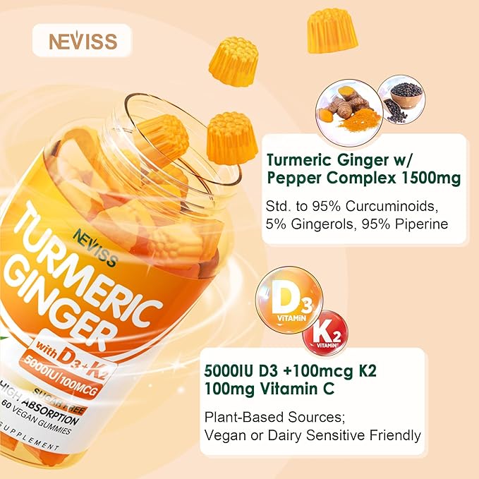 Sugar Free Turmeric Ginger Gummies 1500mg with Vitamin D3 5000IU & K2 for Women & Men, Curcumin Ginger Gummies for Adults for Immune & Digestive Support - Vegan, Mango Flavor, 60 Count