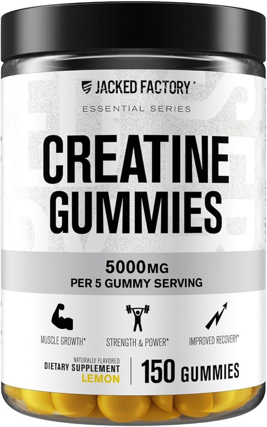 Jacked Factory Creatine Monohydrate Gummies 5g Daily Dose (1g per Gummy) - Creatine Gummy for Men and Women, Vegan-Friendly, Travel-Friendly, Third-Party Tested - 150 Gummies, Lemon