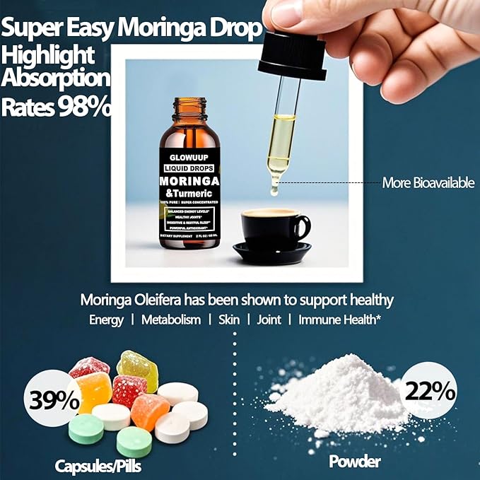 Organic Moringa Liquid Drops, Pure Moringa Leaves w. Turmeric Black Pepper Vitamin C E - Antioxidant, Joint, Digestive & Immune for Men & Women, 6X Absorption Than Capsules Powder Gummies or Pills
