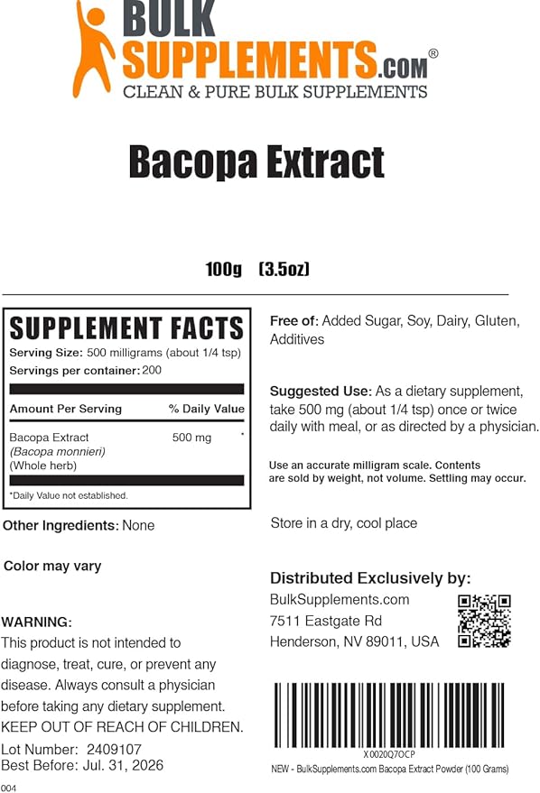 BulkSupplements.com Bacopa Extract Powder - Bacopa Monnieri Supplement, Herbal Supplement - Vegan & Gluten Free, 500mg per Serving, 100g (3.5 oz) (Pack of 1)