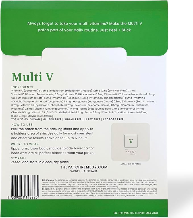 Multi V Patches - Topical Multi Plus Blend with D3, K2, Magnesium Chloride, Zinc, Liposomal C, Potassium, Iodide, Biotin Plus More | Nutrient Patch for Women & Men