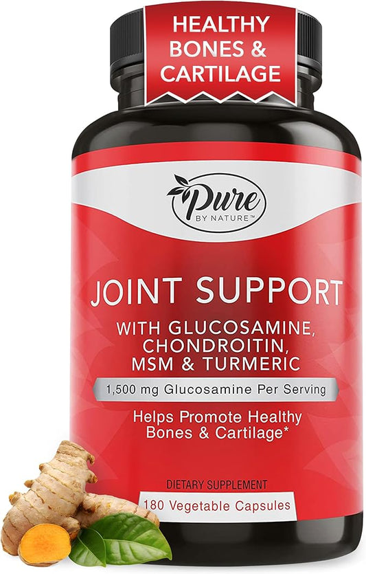 Pure By Nature Joint Support, Glucosamine with Chondroitin Turmeric MSM Boswellia Supplement, 180 Capsules