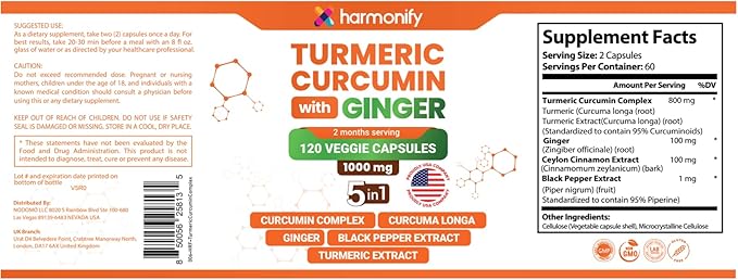 Turmeric Curcumin Supplement with Ginger, Ceylon Cinnamon and Black Pepper Complex 5 in 1 Formula, Curcuma Longa, Max Absorption, 1000 mg, 120 Herbal Extract Capsules
