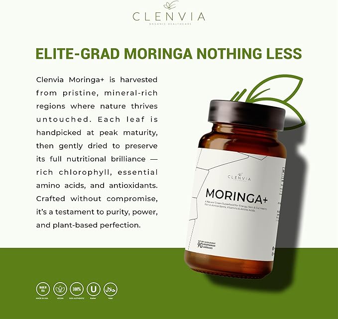 Organic Moringa Capsules 1000mg – 100% Pure Moringa Leaf Powder – Premium Quality Green Superfood Supplement – Rich Botanical Source with Natural Plant-Based Ingredients – 90 Capsules – Made in USA