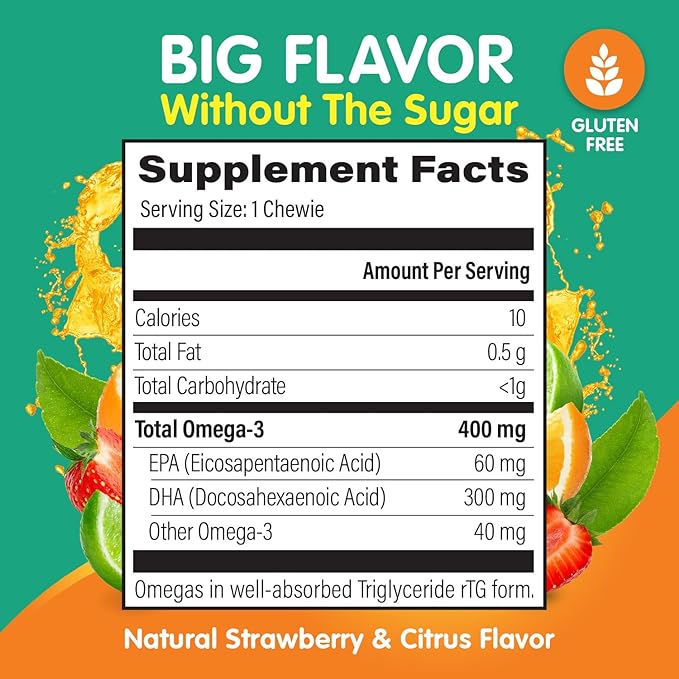 Omega 3 Gummies - Ultra-High DHA Chewable Gel Gummy - for Kids Supports Brain & Eye Health - Sugar-Free Natural Fruit Flavor - Kids Omega 3 Fish Oil Gummies (6 Pack)