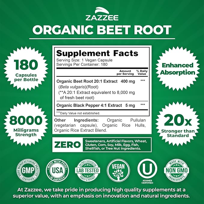 Zazzee USDA Organic Beet Root 8000 mg Strength 20:1 Extract, 180 Vegan Quick Release Capsules, Black Pepper Extract for Enhanced Absorption, Supports Nitric Oxide Production, Non-GMO, Made in The USA