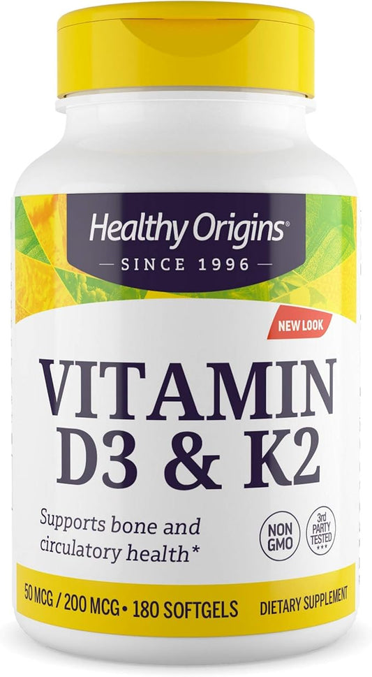 Healthy Origins Vitamin D3 2,000 IU (50 mcg) & K2 200 mcg (Non-GMO, 3rd Party Tested, Bone Support, Cardiovacsular Support), 180 Softgels