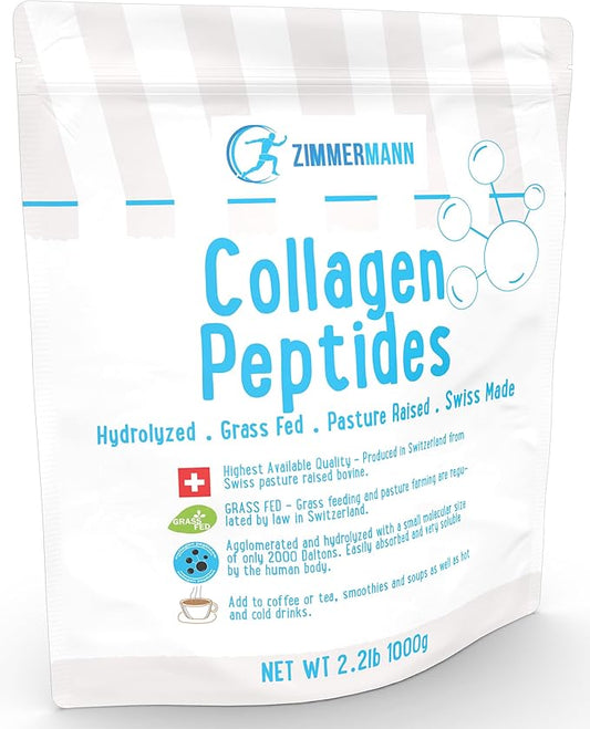 Zimmermann Collagen Peptides Powder 2.2lb 1000g, Produce of Switzerland, Grass Fed, Hydrolyzed, Unflavored, for Women & Men - Hair, Skin, Nail, & Joint Support, Keto, Type I and III.